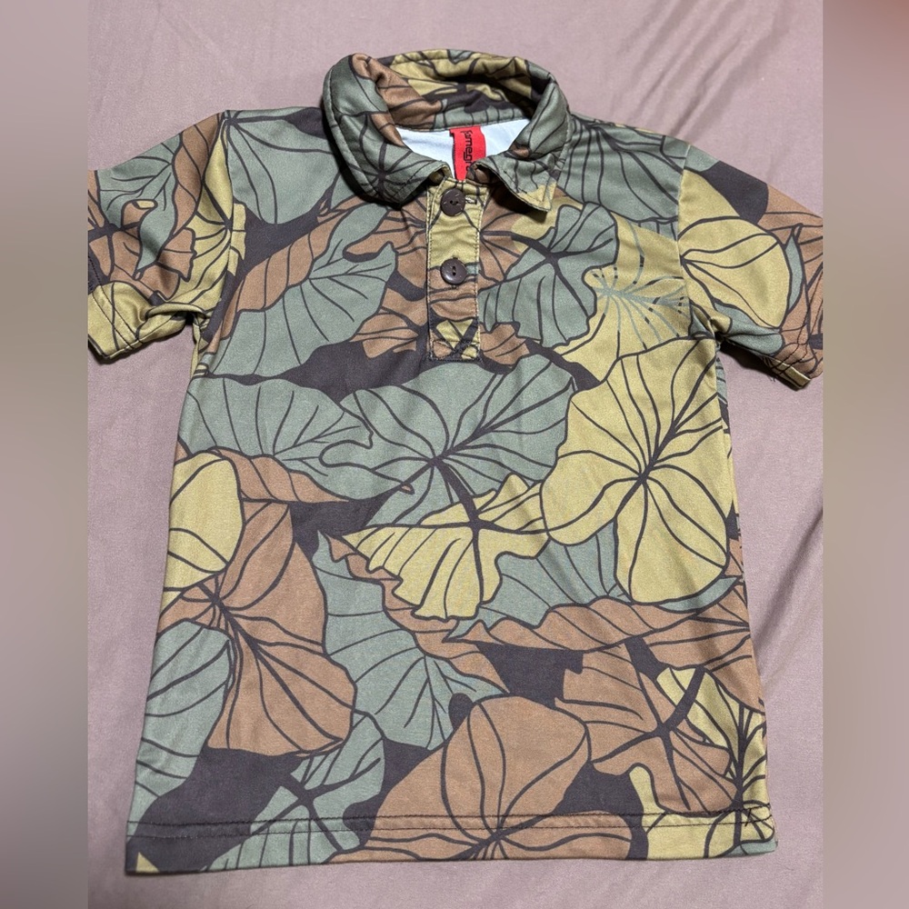 Homegrown Kids Polo with Tropical Leaf Pattern in Green & Brown & Yellow